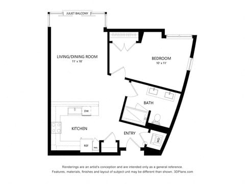 Floor plan for 1 bed, 1 bath, 817 sqft